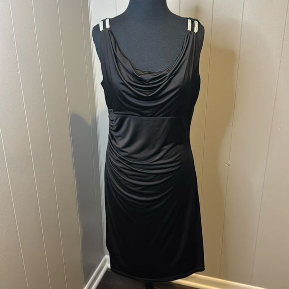 Calvin Klein black ruched draped neck sparkle rhinestone shoulder bar sheath. 8 - Picture 1 of 8